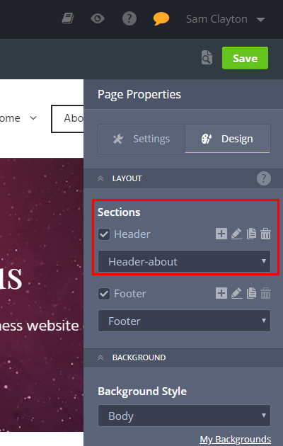 MotoCMS 3 Pages Section Properties