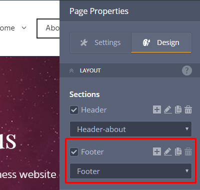 MotoCMS 3 Pages Section Properties window