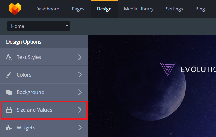 MotoCMS 3 Design Size and Values